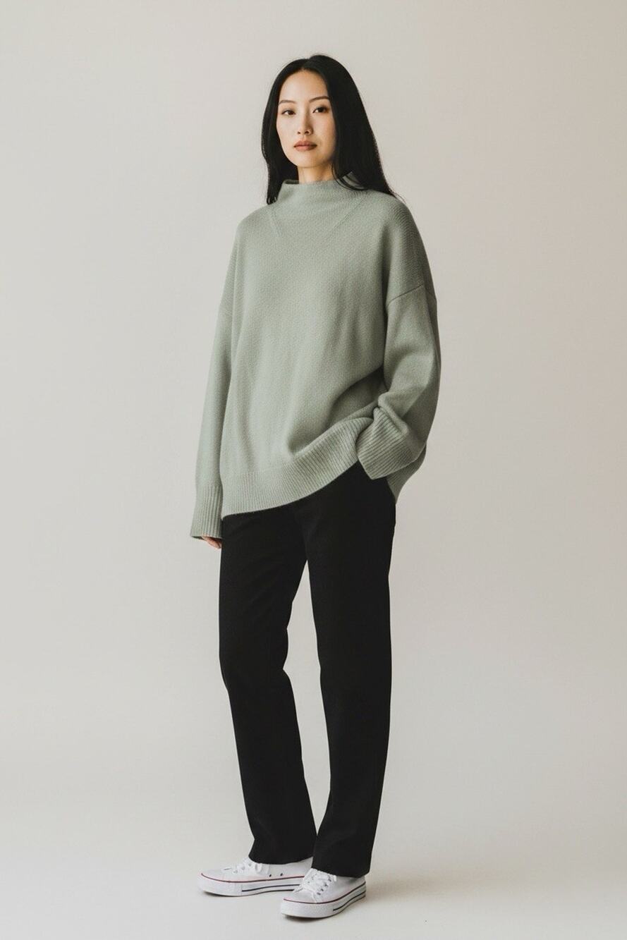 Vince Marbled Funnel Neck Wool Cashmere Blend Sweater in Mint Green Designer XL